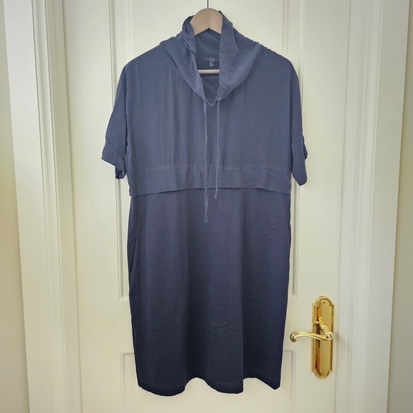 COS Dark Navy Cotton & Silk Cowl Neck Relaxed Fit W Pockets Dress M - Picture 2 of 8